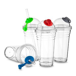 COPO PLASTICO 480 ML C/ TAMPA E CANUDO CINZA CO8000