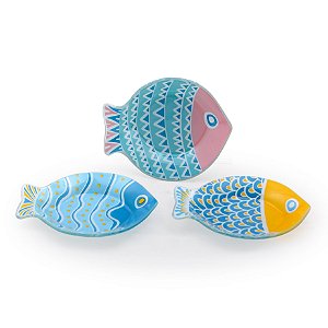 CONJ. 03 ORNAMENTOS DE VIDRO DECORATIVO - PEIXES