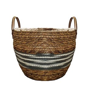 CESTO DE SEAGRASS COLORIDO C/ ALÇA EM COURO SINTÉTICO KAYAPÓ - 25X25X20CM