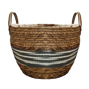 CESTO DE SEAGRASS COLORIDO C/ ALÇA EM COURO SINTÉTICO KAYAPÓ - 30X30X22CM