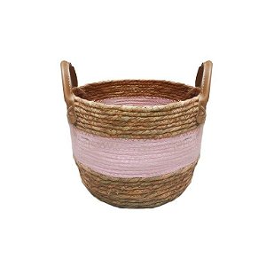 CESTO DE SEAGRASS ROSA C/ ALÇA EM COURO SINTÉTICO KAYAPÓ - 25X25X19CM