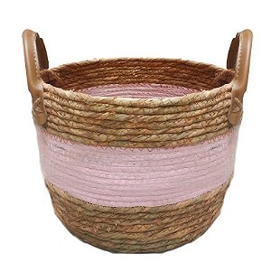CESTO DE SEAGRASS ROSA  C/ ALÇA EM COURO SINTÉTICO KAYAPÓ - 35X35X26CM