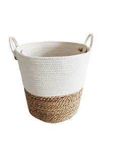 CESTO DE SEAGRASS E FIBRA DE ALGODÃO BRANCO ETNIAS - 27X27X33CM