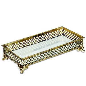 BANDEJA  DOURADA EM METAL COM ESPELHO