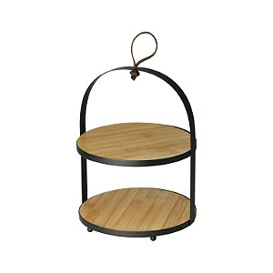 SUPORTE P/DOCES 2 ANDARES BAMBU MOLDURA METAL 20,5x20,5x26cm