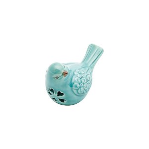 PÁSSARO DECORATIVO DE CERÂMICA FLORES AZUL ESCURO 10,5x6x8,5