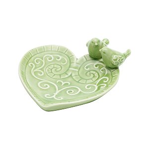 PRATO DECORATIVO DE CERÂMICA CORAÇÃO VERDE C/PÁSSARO 14x5,5