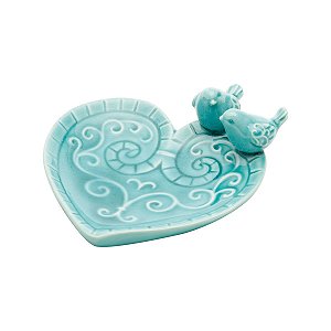 PRATO DECORATIVO DE CERÂMICA CORAÇÃO AZUL C/PÁSSARO 14x5,5cm