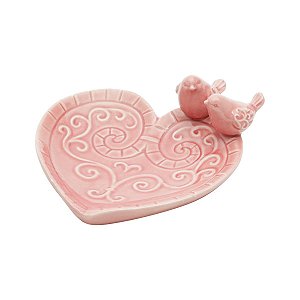 PRATO DECORATIVO DE CERÂMICA CORAÇÃO ROSA C/PÁSSARO 14x5,5cm