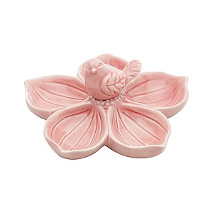 PRATO CORATIVO CERÂMICA FLOR CAMPO ROSA C/PÁSSARO 15,5x6,5