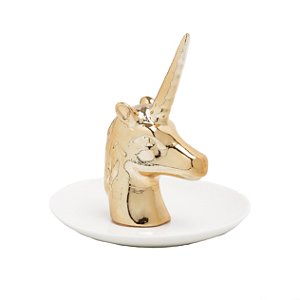PRATO CORATIVO  CERÂMICA BRANCO C/UNICÓRNIO DOURADO 12x11