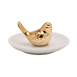PRATO CORATIVO  CERÂMICA BRANCO C/PASSARINHO DOURADO 10x7