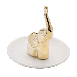 PRATO CORATIVO  CERÂMICA BRANCO C/ELEFANTE DOURADO 10x9,5