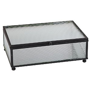 PORTA JÓIA DE VIDRO CANELADO E METAL PRETO 18CM X 13CM X 6CM