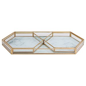 CONJ. DE BANDEJAS DE VIDRO ESTILO MARMORE BRANCO E METAL DOU
