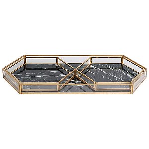 CONJ. DE BANDEJAS DE VIDRO ESTILO MARMORE PRETO E METAL DOUR