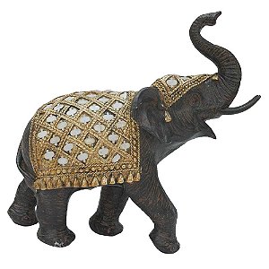 ELEFANTE DE RESINA MARROM COM DOURADO  23,5CM X 10,5CM X 23C