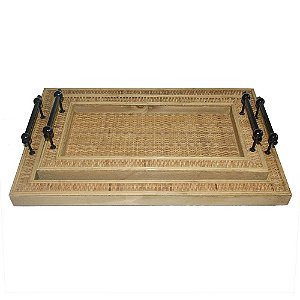 CONJ. DE BANDEJAS DE RATTAN E MADEIRA COM ALÇA DE METAL - 2P