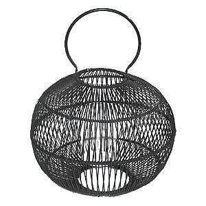 LANTERNA DE RATTAN, METAL E VIDRO PRETA 40CM X 40CM X 50CM