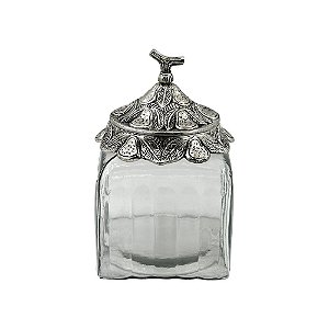 POTE DECORATIVO DE VIDRO TRANSPARENTE COM TAMPA DE METAL PRA