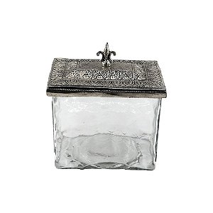 POTE DECORATIVO DE VIDRO TRANSPARENTE COM TAMPA DE METAL PRA