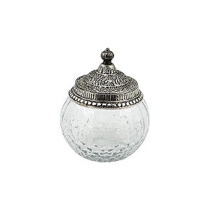 POTE DECORATIVO DE VIDRO TRANSPARENTE COM TAMPA DE METAL PRA