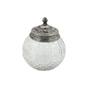 POTE DECORATIVO DE VIDRO TRANSPARENTE COM TAMPA DE METAL PRA