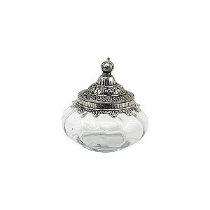 POTE DECORATIVO DE VIDRO TRANSPARENTE COM TAMPA DE METAL PRA