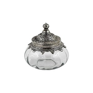 POTE DECORATIVO DE VIDRO TRANSPARENTE COM TAMPA DE METAL PRA