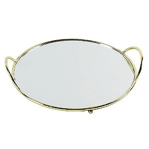 BANDEJA DE ESPELHO COM DETALHES DE METAL DOURADO D25 X 4CM