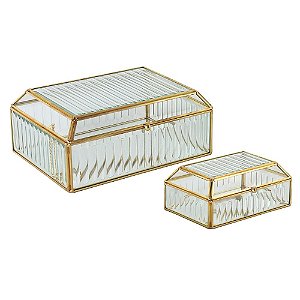 CONJ. DE PORTA JÓIAS DE VIDRO E METAL DOURADO - 2PCS G: 20,5