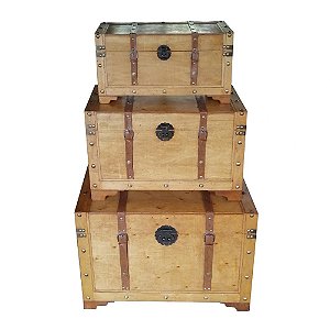 CJ  DE BAUS DE MADEIRA E METAL MARROM  3PCS