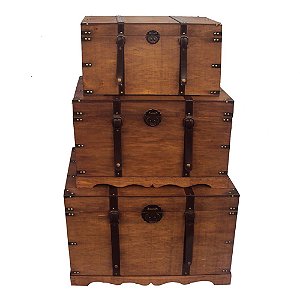 CJ  DE BAUS DE MADEIRA E METAL MARROM  3PCS