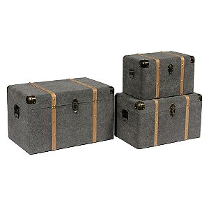 CJ DE BAUS DE MADEIRA E TECIDO CINZA|DETALHES DOURADO  3PCS