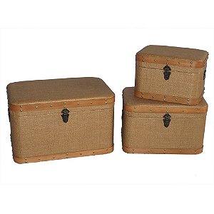 CONJ. DE MALETAS DE MADEIRA E TECIDO BEGE E MARROM  - 3PCS G