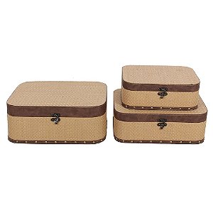 CONJ. DE MALETAS DE MADEIRA E TECIDO BEGE E MARROM  - 3PCS G