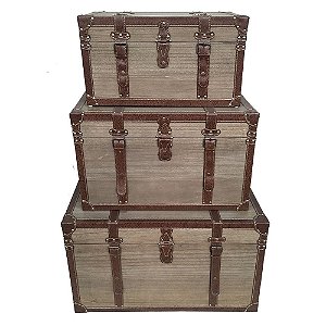CONJ. DE BAÚS DE MADEIRA E TECIDO BEGE E MARROM  - 3PCS G:81