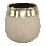 CACHEPOT DE CERAMICA BEGE E DOURADO 11,5CM X 11,5CM X 10,5CM