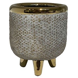 CACHEPOTS DE CERAMICA BEGE E DOURADO