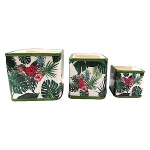 CJ DE CACHEPOTS DE CERAMICA FLORES  3 PCS 13,3CM X 13,3CM X
