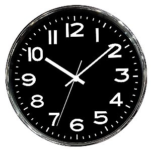 RELOGIO DE PAREDE DE PLASTICO CROMADO E PRETO 25CM X 4CM
