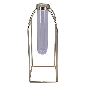 VASO TUBO DE VIDRO E METAL DOURADO