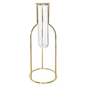 VASO TUBO DE VIDRO E METAL DOURADO