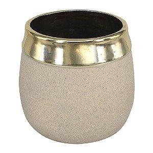 CACHEPOT DE CERAMICA BEGE E DOURADO 13CM X 13CM X 11,5CM