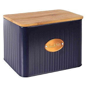 POTE PORTA BISCOITOS DE FERRO AZUL COM TAMPA DE MADEIRA