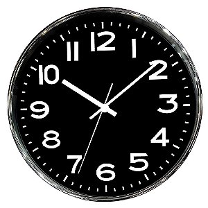 RELOGIO DE PAREDE DE PLASTICO CROMADO E PRETO 30CM X 4CM