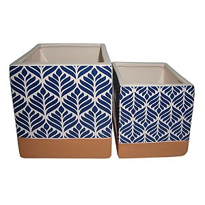 CJ DE CACHEPOTS DE CERAMICA TERRA COTA E AZUL  2PCS 12,6CM X