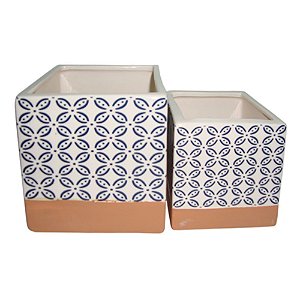 CJ DE CACHEPOTS DE CERAMICA TERRA COTA E AZUL  2PCS G12,6 X