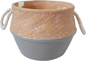 MINI VASO EM CERAMICA E CORDA BEGE E CINZA D14,5CM X 10,3CM