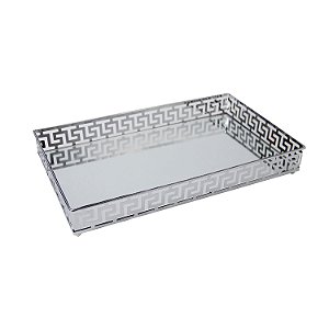 BANDEJA ESPELHADA DE METAL PRATA 30CM X 11CM X 5CM